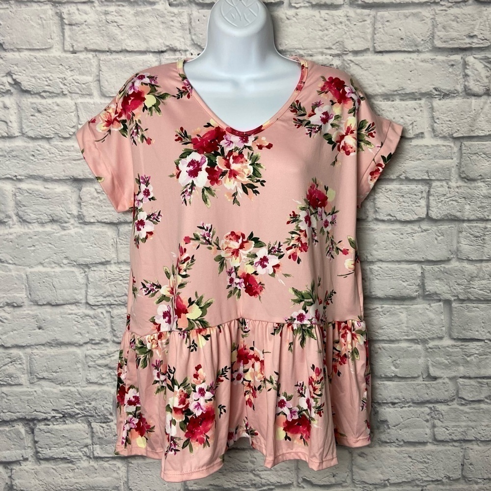 Haptics 1X Pink Floral Short Sleeve Peplum Blouse Plus Size
